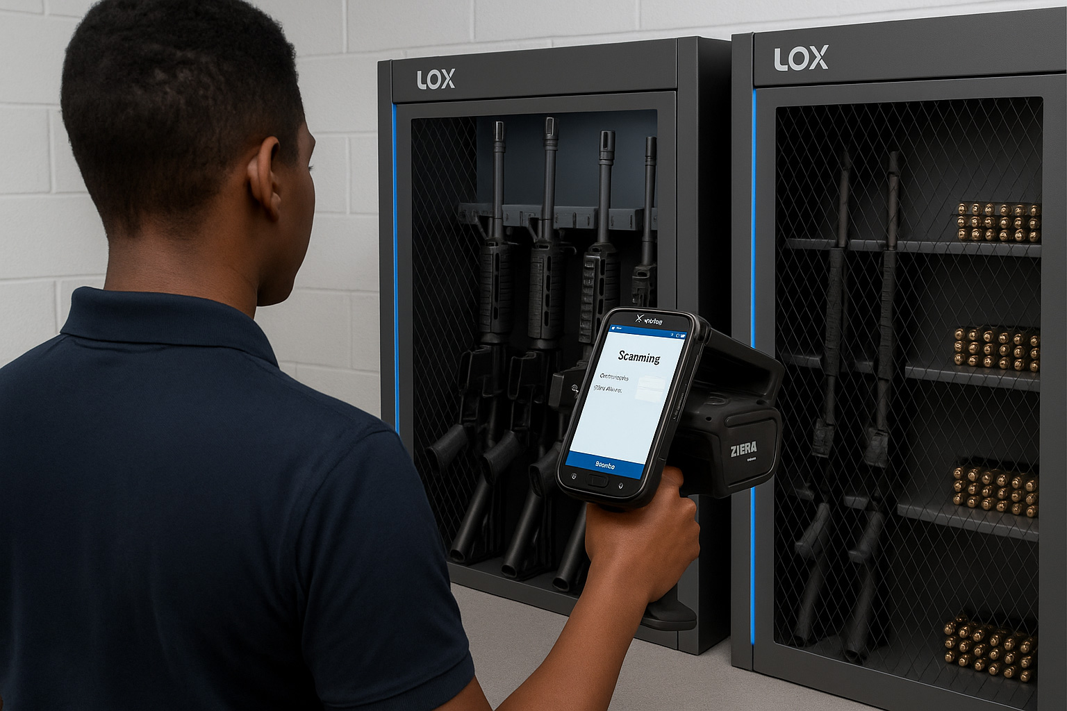 guy using an scanner to check gun inventory